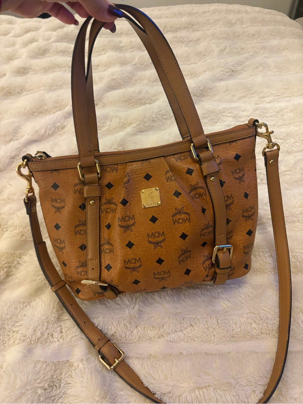 MCM Cognac Visetos Monogram Shoulder Bag with Gold Plaque
